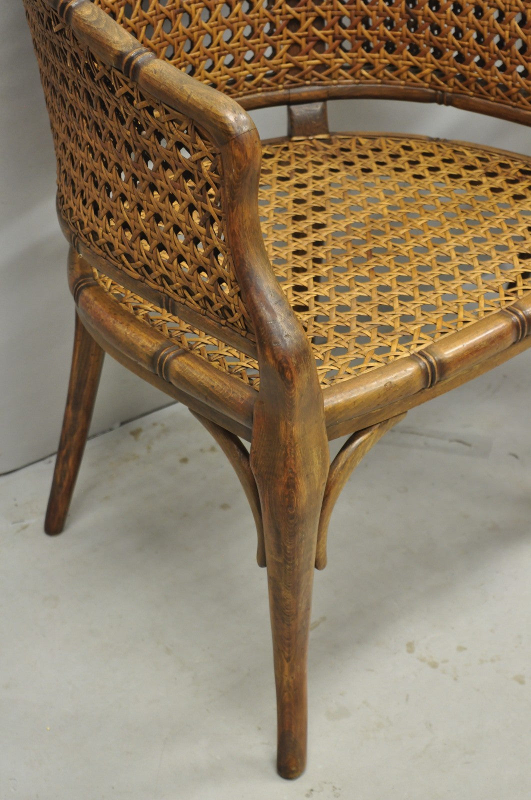 Vintage Hollywood Regency Faux Bamboo Wood & Cane Barrel Back Lounge Chair, Pair