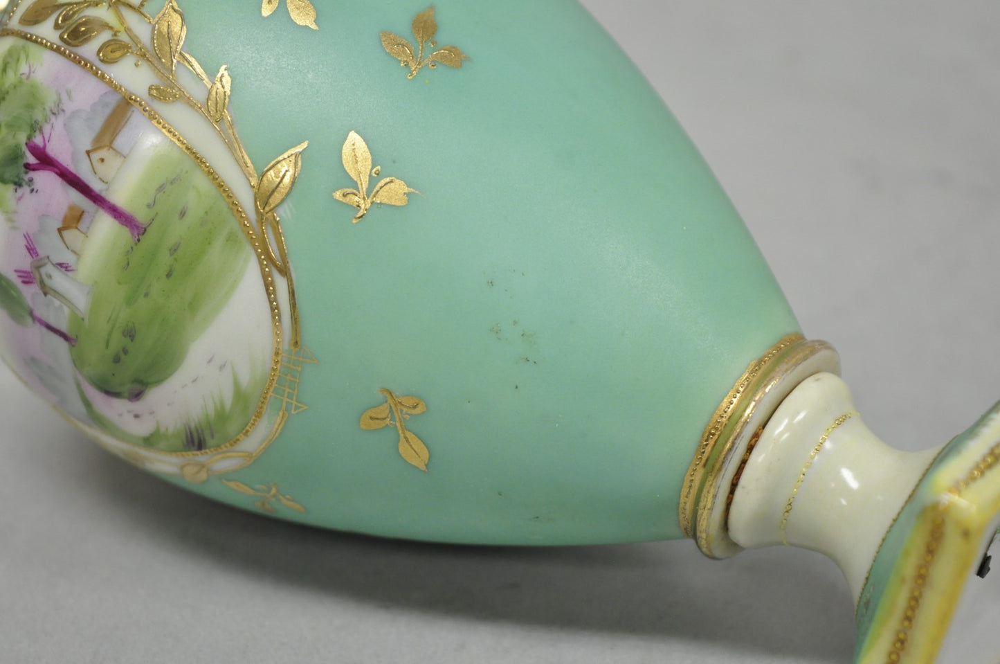 Antique Nippon Porcelain Hand Painted Windmill Scene Green Small Bolted Vase (B)