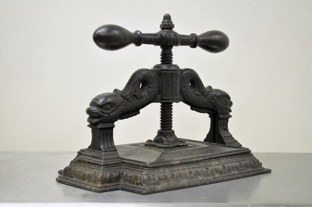 Antique 19th C. Cast Iron Classical Figural Dolphin Victorian Book Press