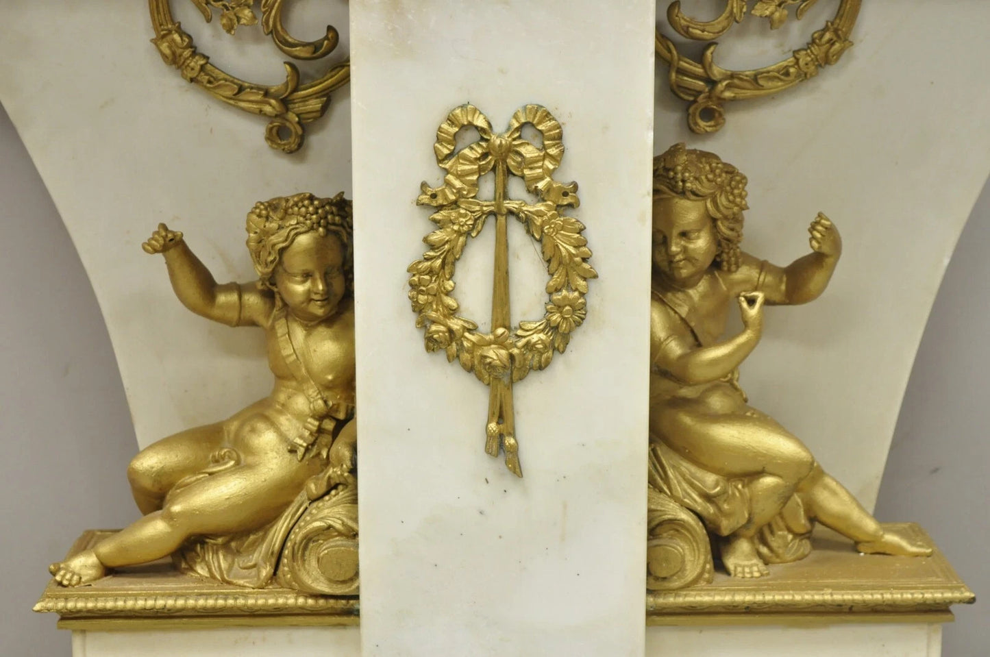 French Louis XV Style Marble & Figural Bronze Ormolu Console Table w/ Cherubs
