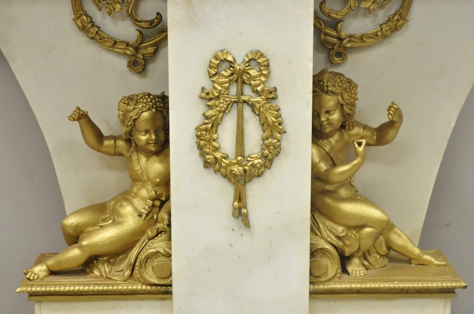 French Louis XV Style Marble & Figural Bronze Ormolu Console Table w/ Cherubs