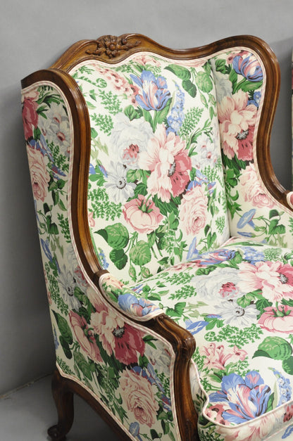 Antique French Country Louis XV Style Carved Walnut Bergere Wingback Chairs Pair