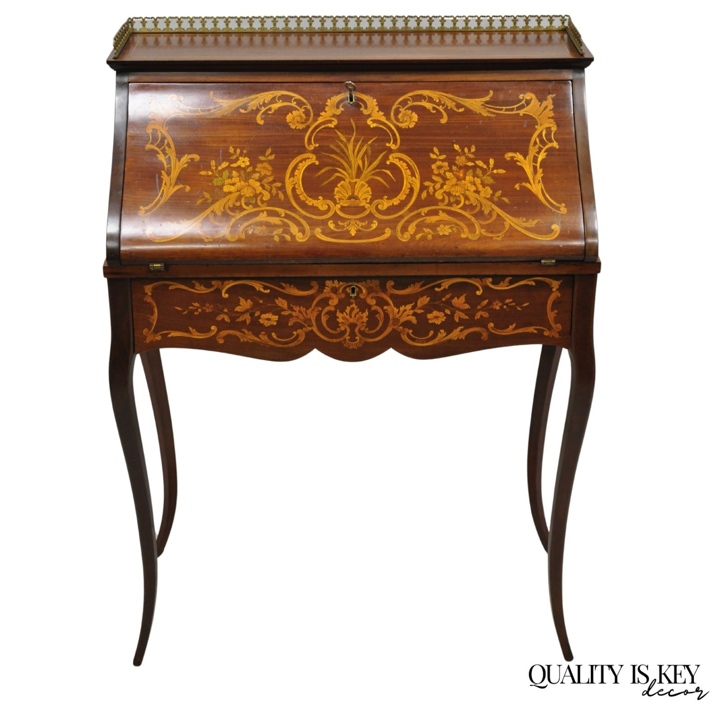Antique French Louis XV Style Marquetry Inlaid Drop Front Ladies Writing Desk