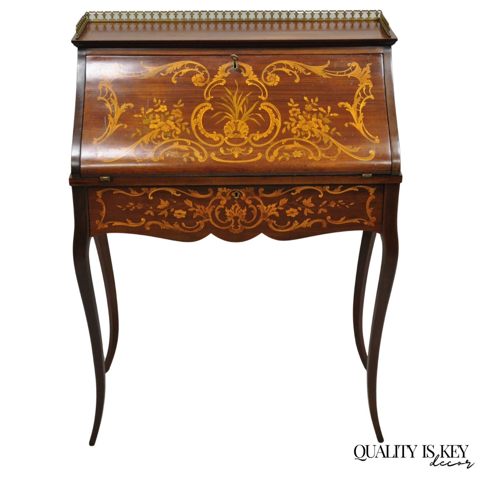 Antique French Louis XV Style Marquetry Inlaid Drop Front Ladies Writing Desk