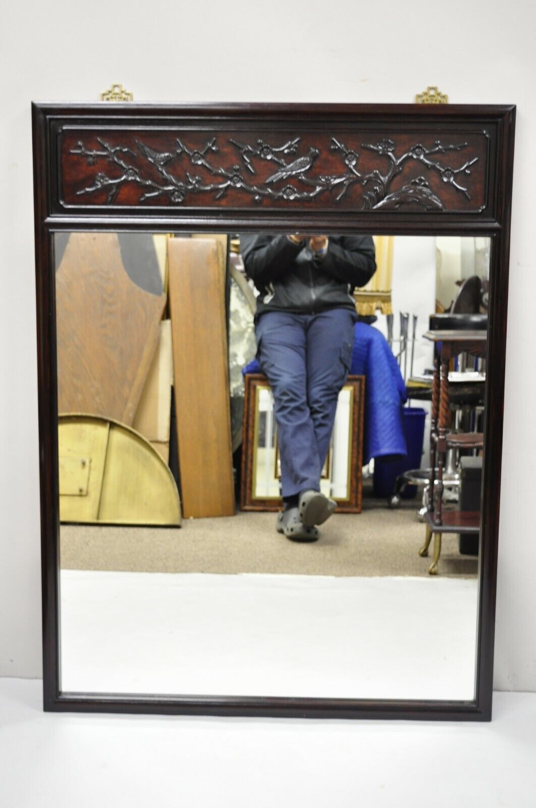 Vintage Chinese Bird Carved Hardwood Mahogany Rectangular Oriental Wall Mirror