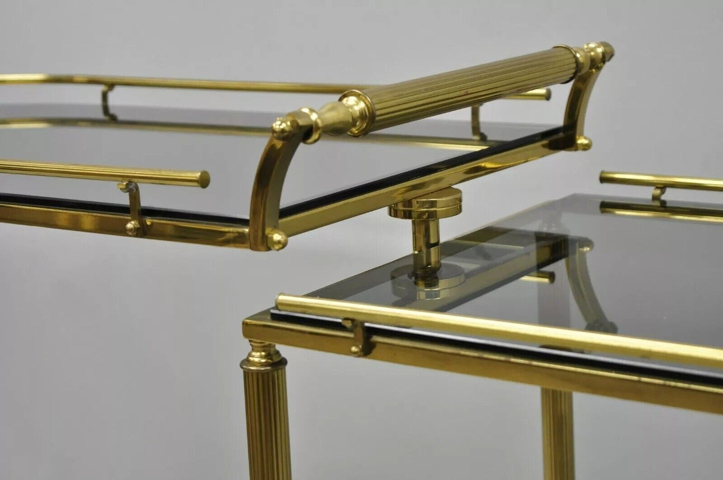 Italian Hollywood Regency Brass Swivel Rolling Bar Cart Server with Smoked Glass