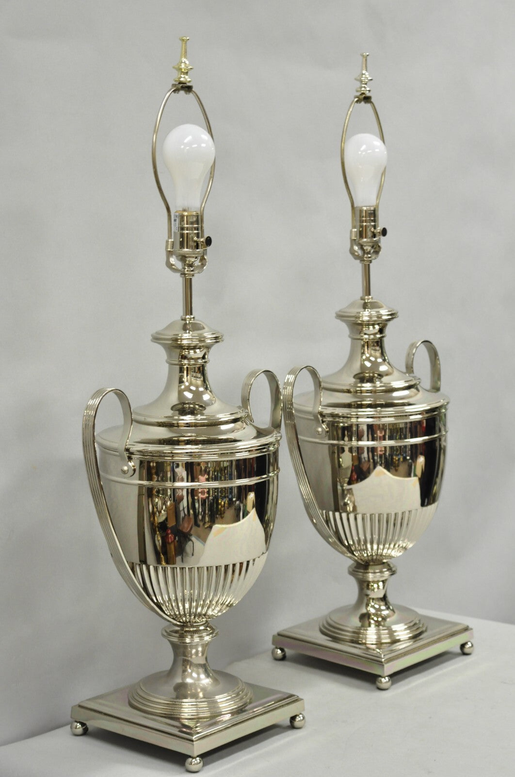 English Regency Style French Empire Silver Plated Large Urn Table Lamps - Pair
