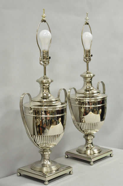 English Regency Style French Empire Silver Plated Large Urn Table Lamps - Pair