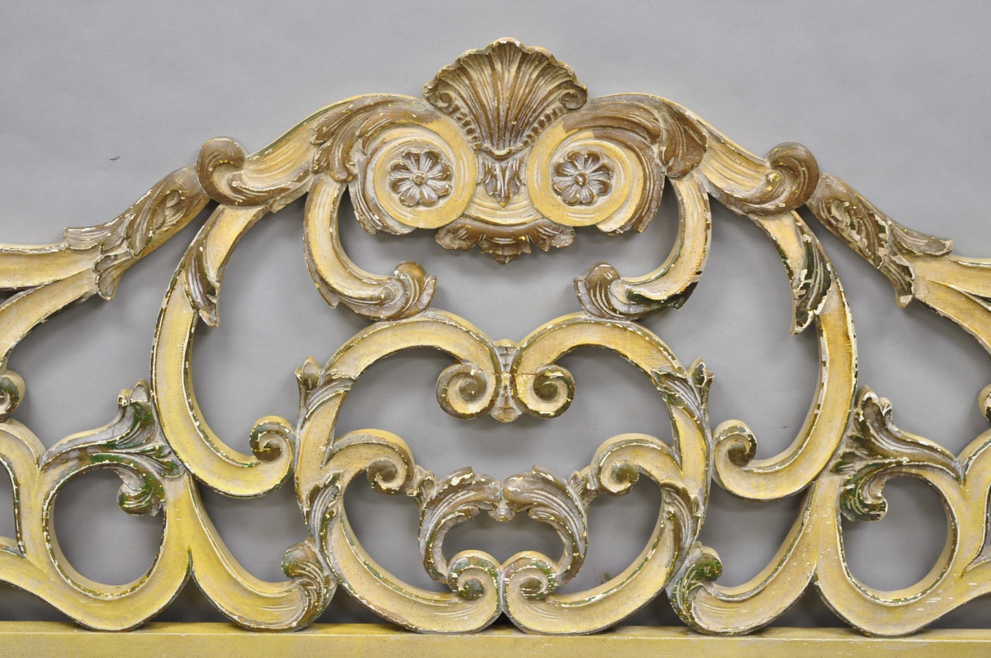 Vintage French Rococo Distressed Cream Painted Queen Size Wood Bed Headboard