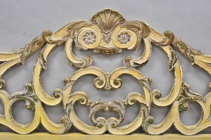 Vintage French Rococo Distressed Cream Painted Queen Size Wood Bed Headboard