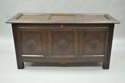 19th C. European Renaissance 3 Panel Solid Oak Wood Coffer Blanket Chest Trunk