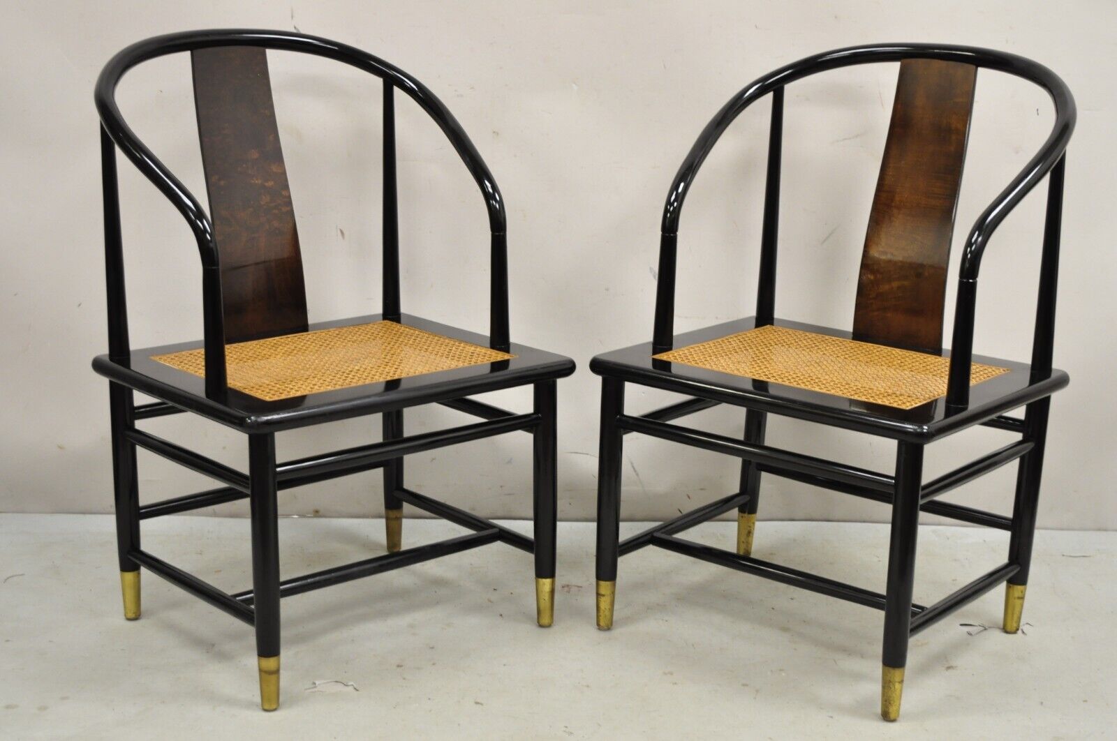 Vintage Henredon Scene 3 Oriental Black Lacquer Asian Horseshoe Chair - a Pair