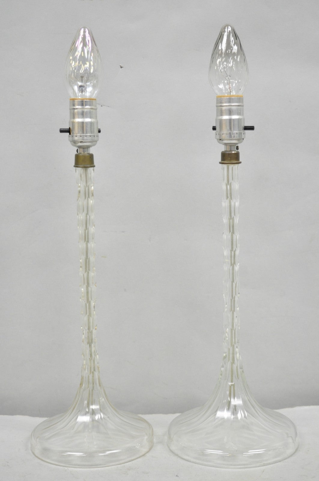 Antique Art Deco Diamond Cut Glass Column Small Petite Boudoir Table Lamps Pair