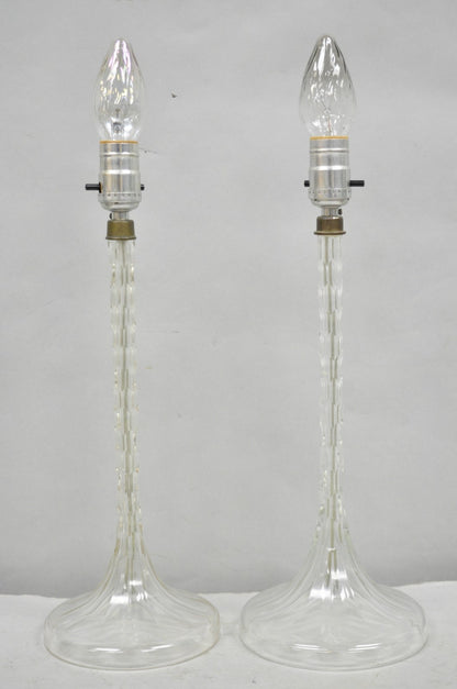 Antique Art Deco Diamond Cut Glass Column Small Petite Boudoir Table Lamps Pair