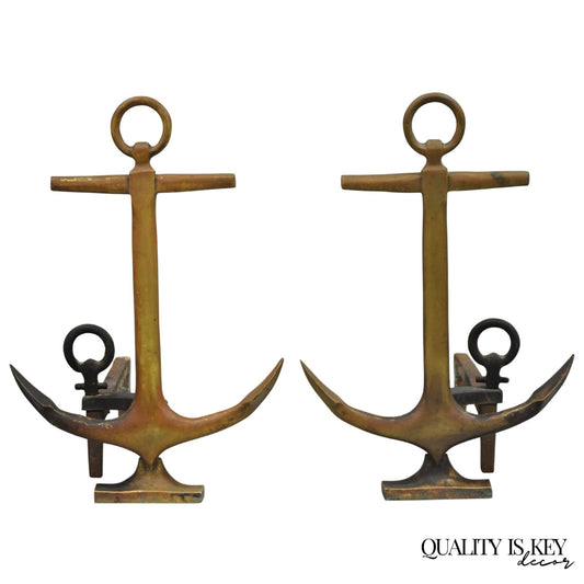 Antique Nautical Figural Ship Anchor Brass Fireplace Andirons w/ Patina - a Pair