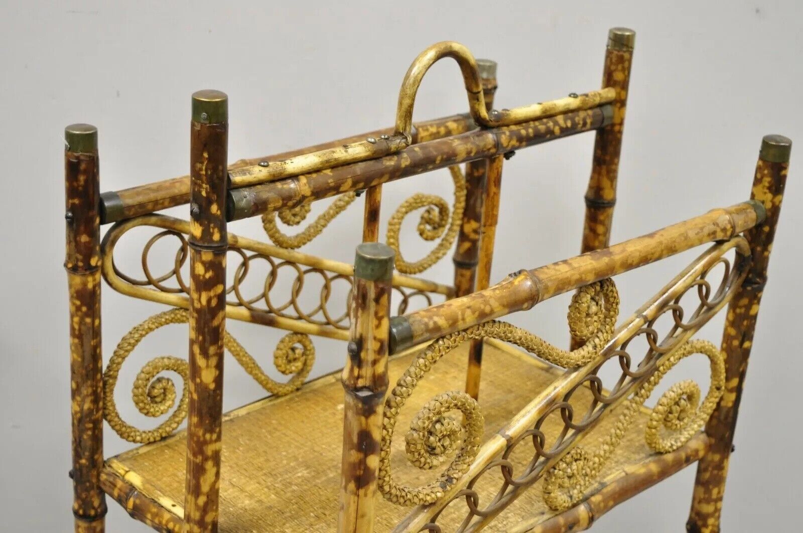 Antique English Victorian Charred Burnt Bamboo Magazine Rack Stand Shelf