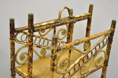 Antique English Victorian Charred Burnt Bamboo Magazine Rack Stand Shelf