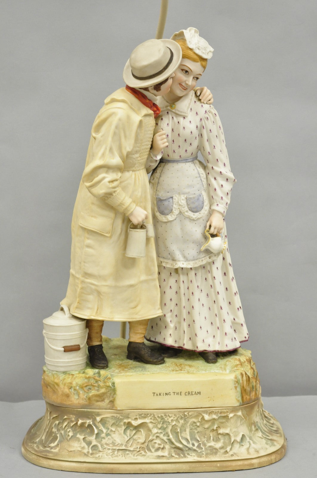 Antique Large Victorian Bisque "Taking The Cream" Porcelain Figure Table Lamp