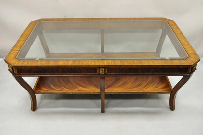 Maitland Smith Empire Style Large Banded Inlay Mahogany Glass Top Coffee Table