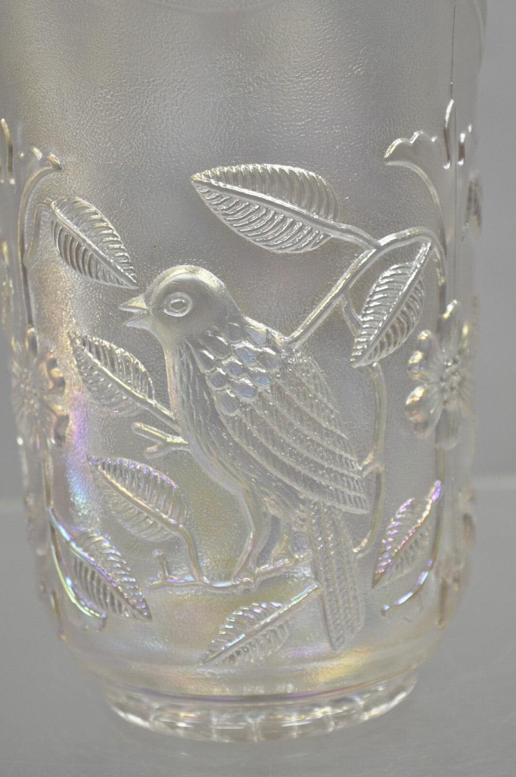 Vintage Imperial Carnival Glass Iridescent Frosty White Robins & Flowers Pitcher