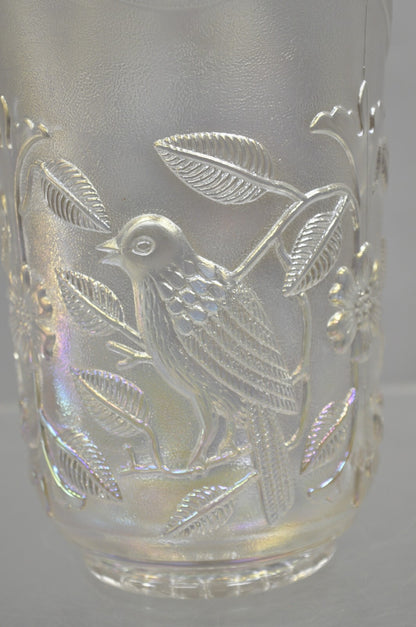 Vintage Imperial Carnival Glass Iridescent Frosty White Robins & Flowers Pitcher