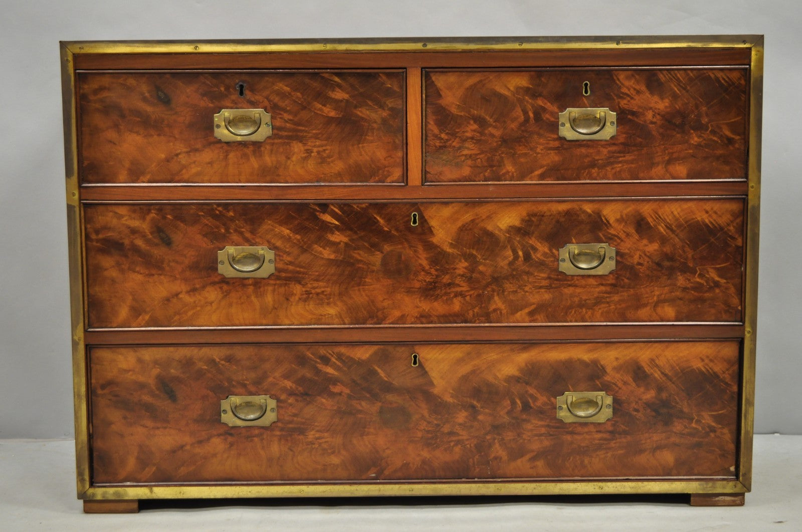 Antique English 4 Drawer Brass Banded Burr Walnut Campaign Chest Dresser