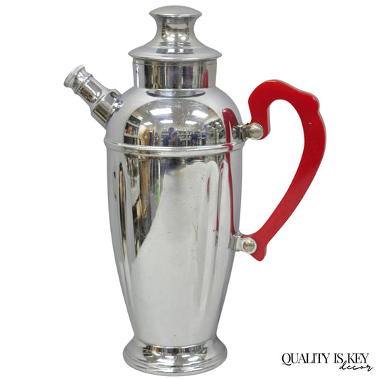 Vintage Art Deco Chrome Cocktail Martini Shaker Red Bakelite Handle by Chromium