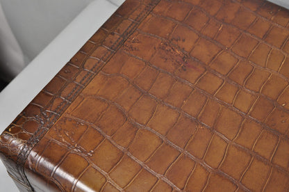 Vintage Art Deco Brown Leather Faux Crocodile Hard Case Suitcase Luggage