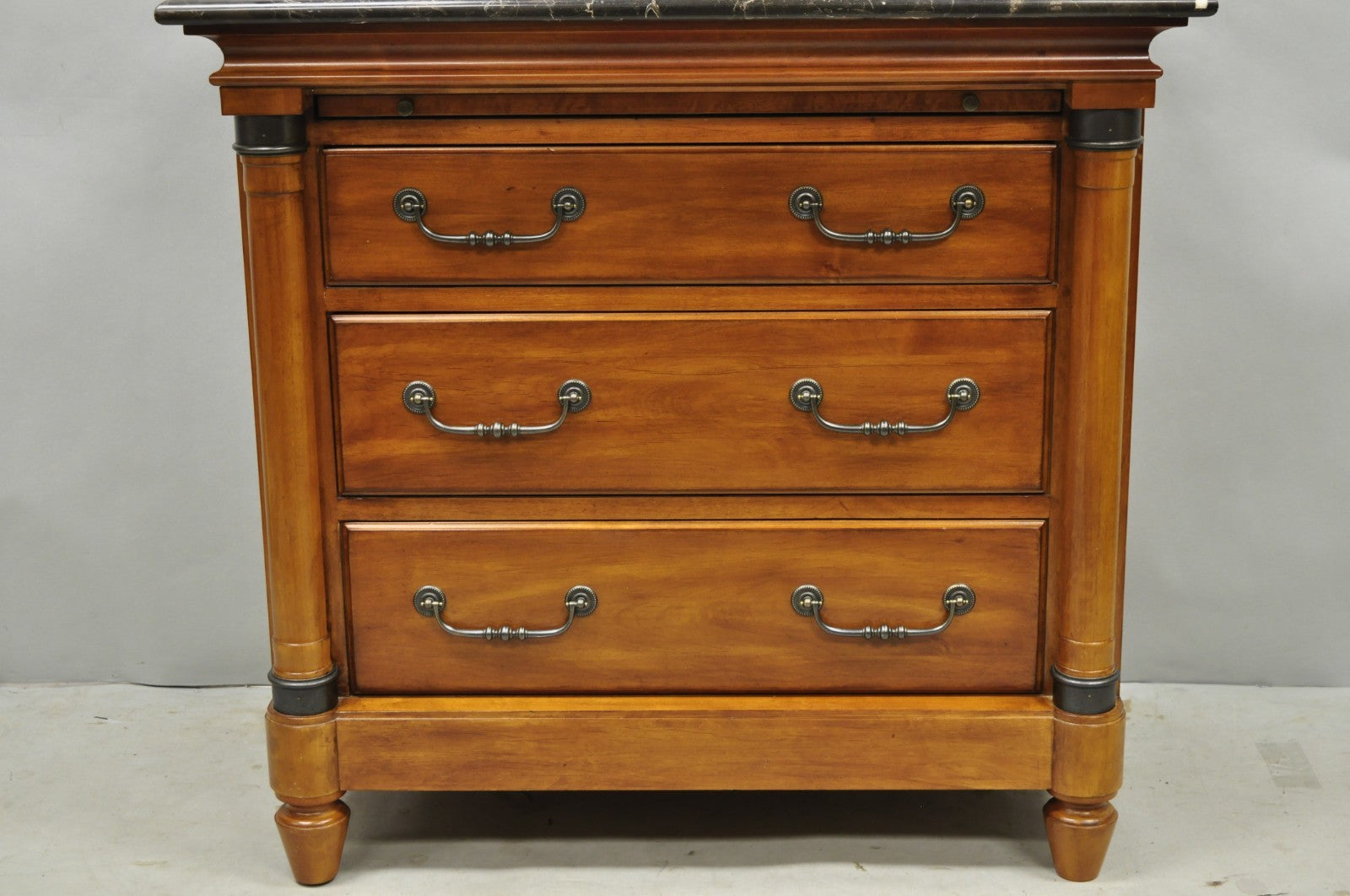 Kincaid French Country Cherry Wood 3 Drawer Marble Top Nightstand Bedside Table