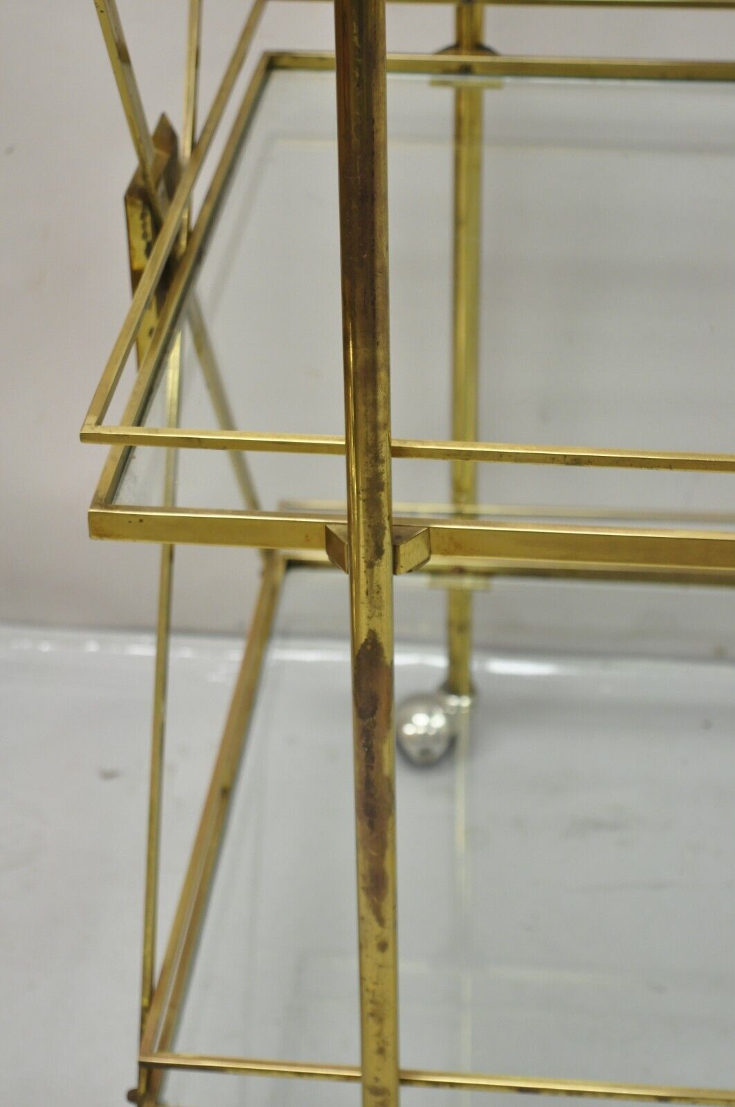 Mid Century Italian Modern 3 Tier Brass & Glass X-Frame Rolling Server Bar Cart