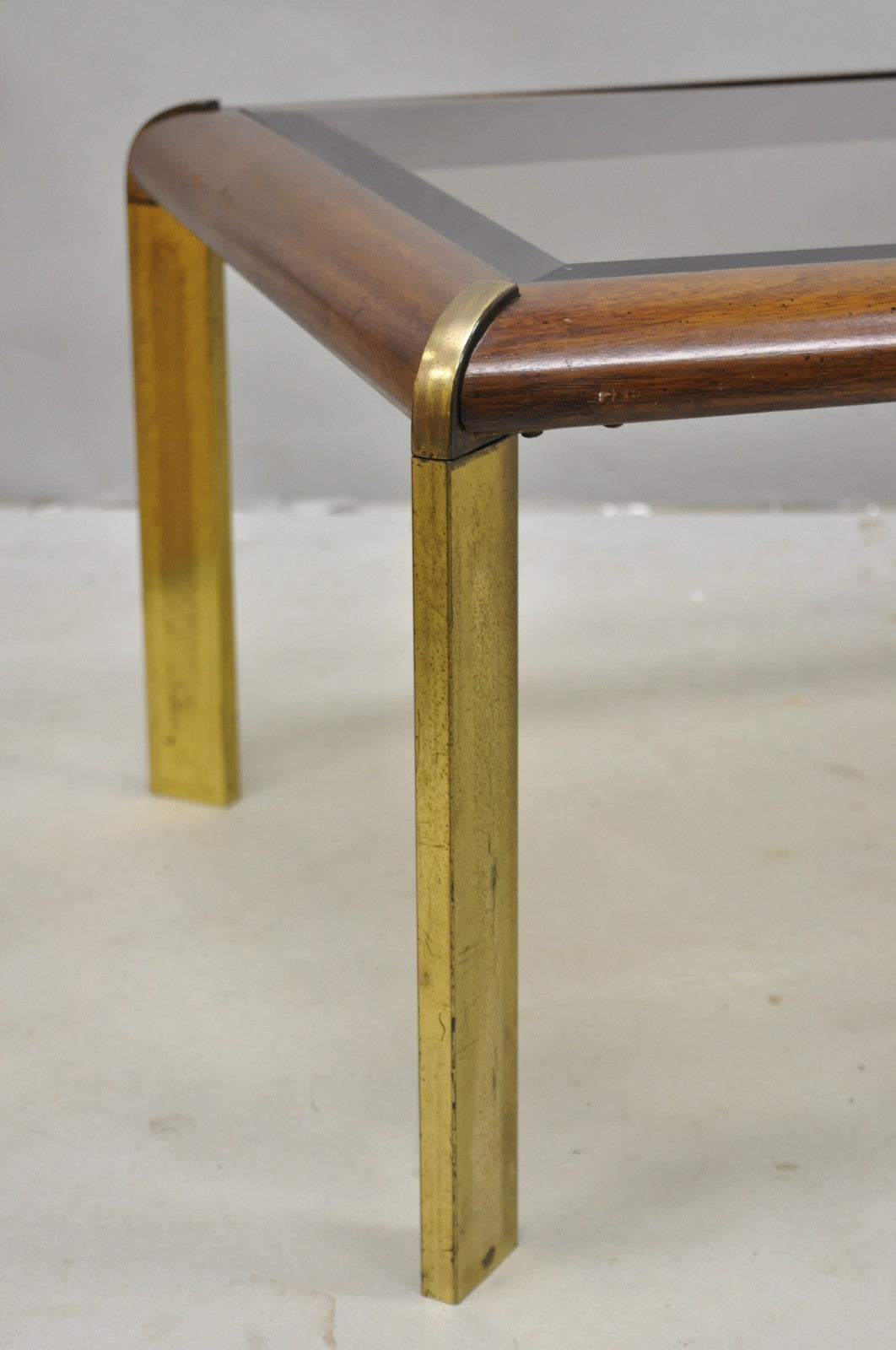 Vintage Lane Mid Century Modern Sculpted Brass Metal Wood Glass Top Coffee Table