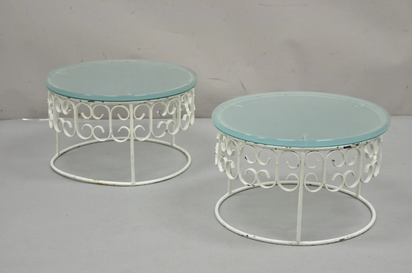 Vintage Arthur Umanoff Wrought Iron Scroll Low Round Glass Top Side Table - Pair