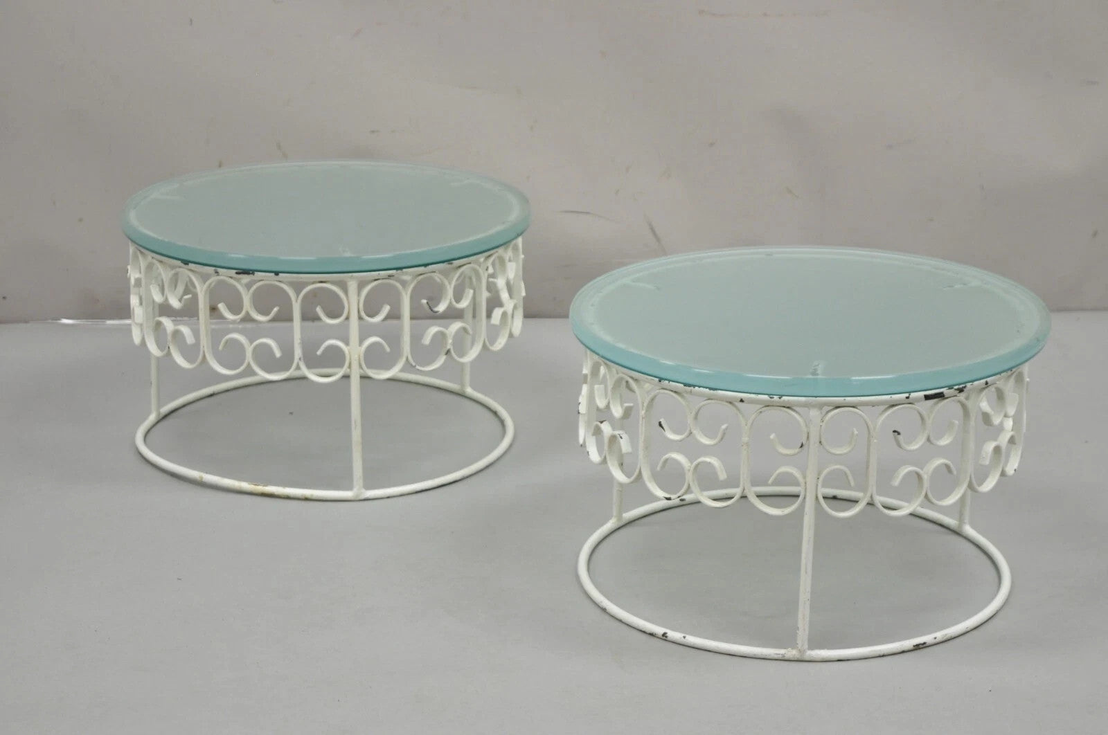 Vintage Arthur Umanoff Wrought Iron Scroll Low Round Glass Top Side Table - Pair