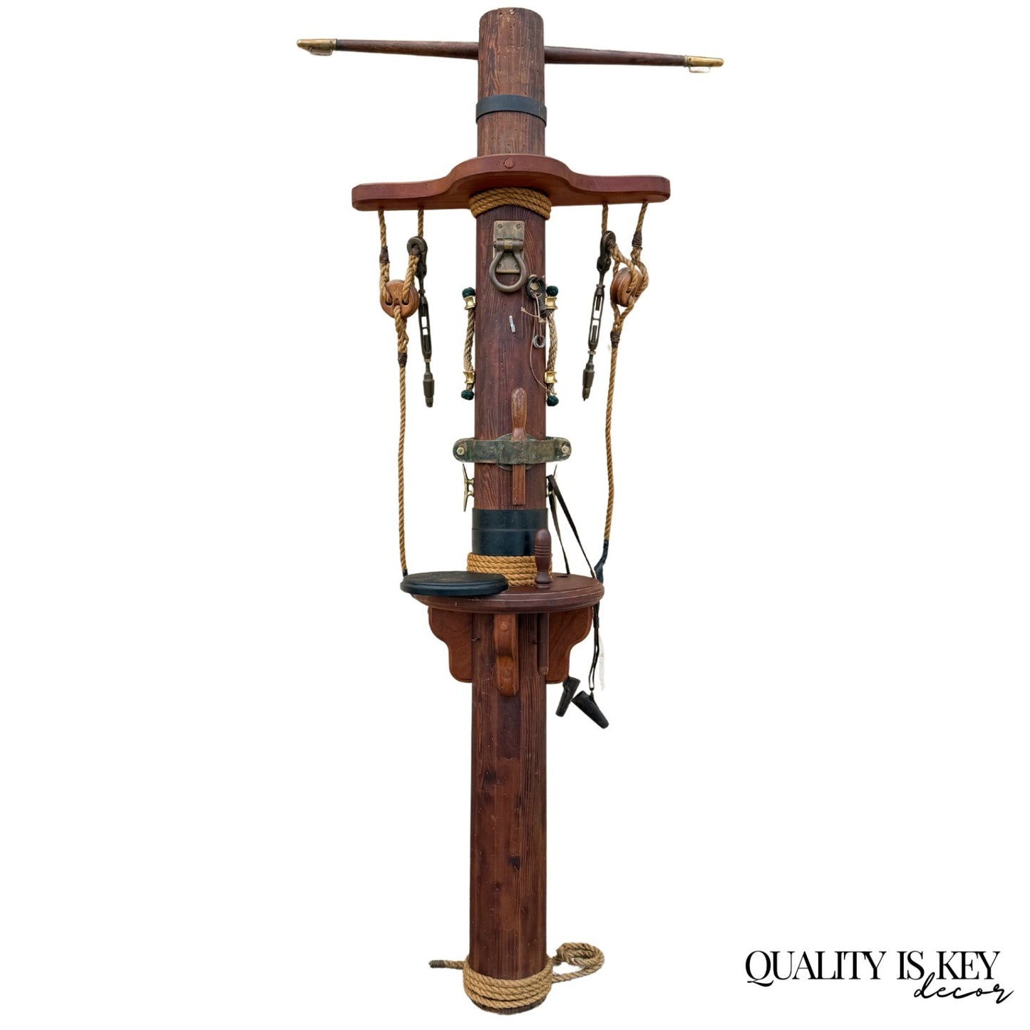 Vintage Custom Nautical Wood 95" Ship Mast Mancave Bar Island w Pulley & Ropes