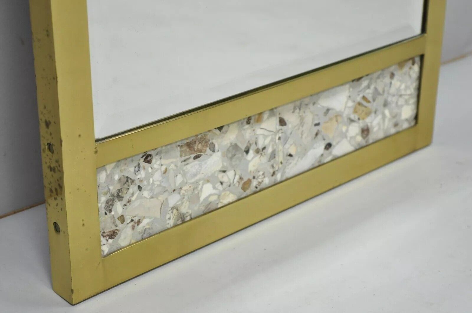 Vintage JL Metz Tomlinson Modern Brass Frame Marble Inlay 65" Tall Narrow Mirror