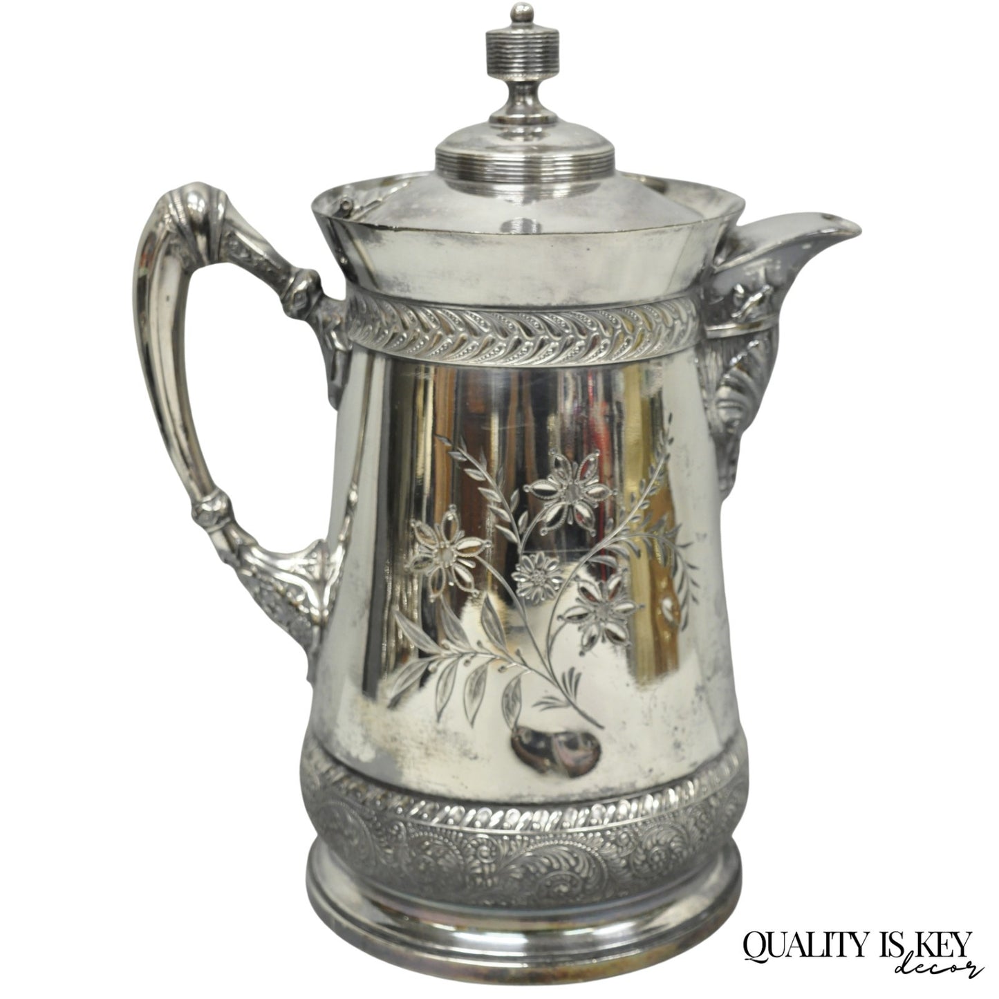 Antique Meriden Victorian Lrg Silver Plated Floral Etched Pitcher, Engraved 1892