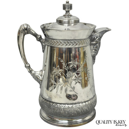 Antique Meriden Victorian Lrg Silver Plated Floral Etched Pitcher, Engraved 1892