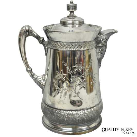 Antique Meriden Victorian Lrg Silver Plated Floral Etched Pitcher, Engraved 1892