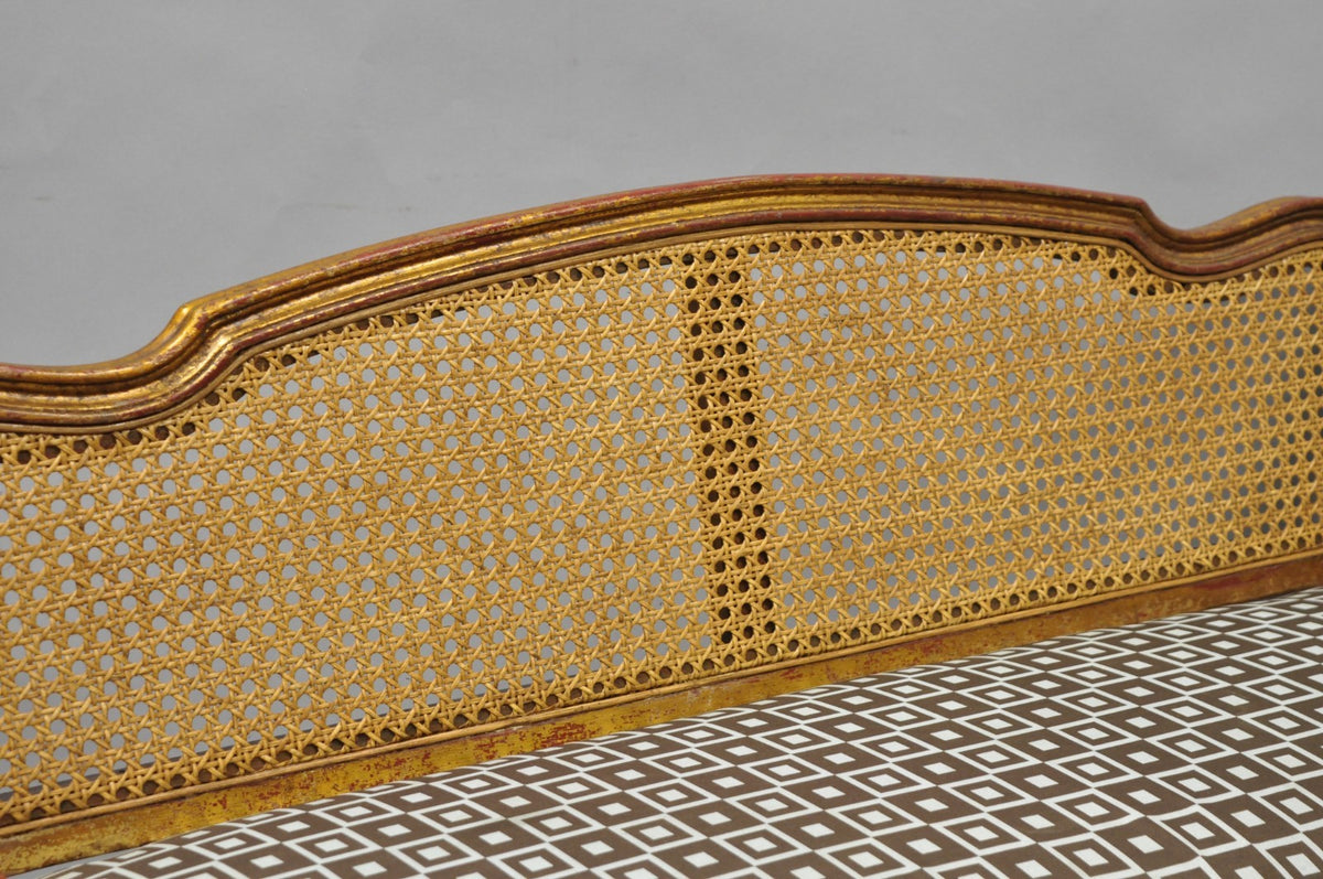 Vintage French Louis XV Style Distressed Gold Gilt Cane Back Vanity Bench Seat
