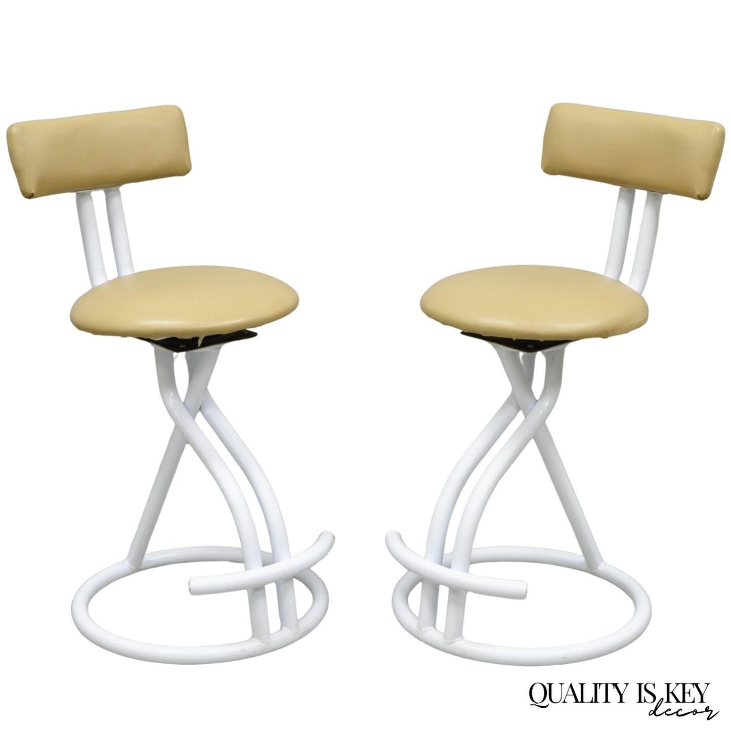 Vintage Postmodern Memphis Style White Tubular Metal Swivel Bar Stools  - a Pair