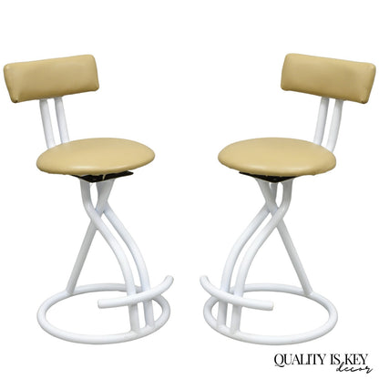 Vintage Postmodern Memphis Style White Tubular Metal Swivel Bar Stools  - a Pair