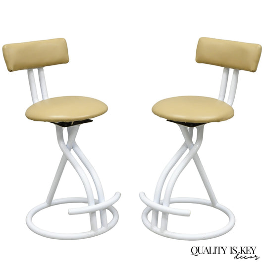 Vintage Postmodern Memphis Style White Tubular Metal Swivel Bar Stools  - a Pair