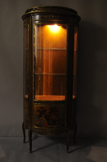 Vintage French Louis XV Style Half Round Demilune Lighted Curio Display Cabinet