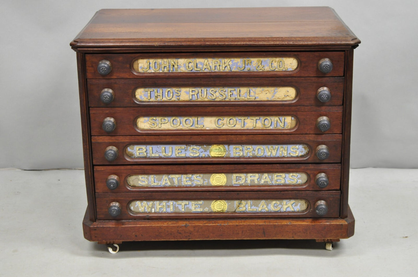Antique John Clark Walnut 6 Drawer Sewing Spool Cabinet w Reverse Painted Glass