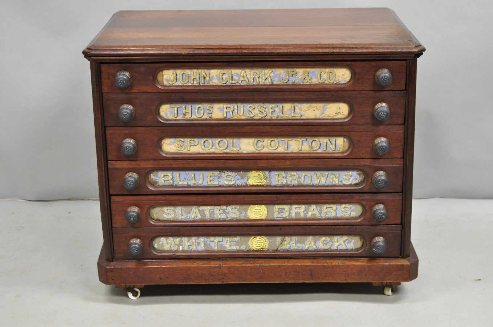 Antique John Clark Walnut 6 Drawer Sewing Spool Cabinet w Reverse Painted Glass