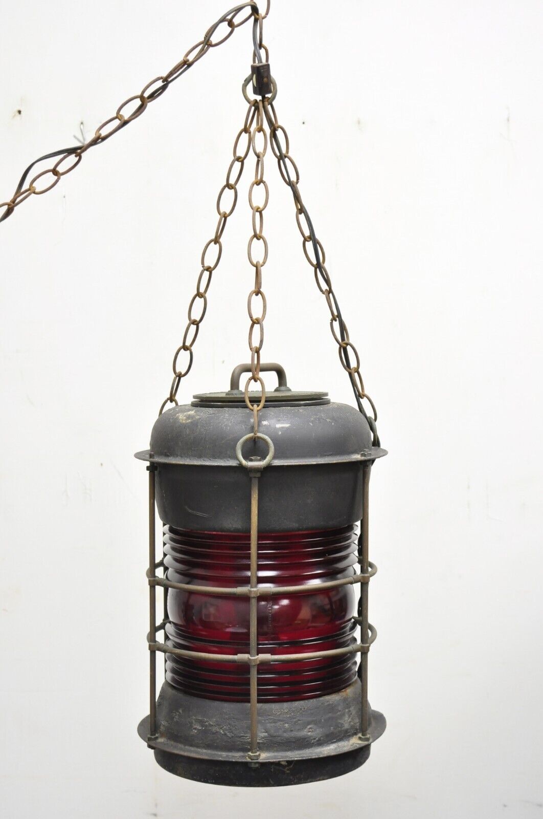 Antique Durkee Marine Ship Lantern Fixture Red Fresnel Pendant Chandlier (B)