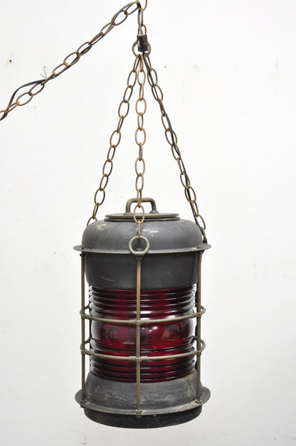 Antique Durkee Marine Ship Lantern Fixture Red Fresnel Pendant Chandlier (B)