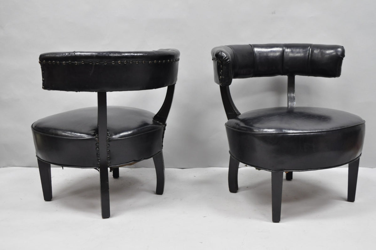 Vintage Mid Century Modern Low Black Barrel Back Lounge Club Chairs - a Pair