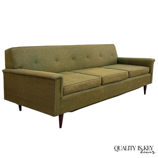 Vintage Mid Century Modern Greenish Brown Tufted 82" Sofa Couch w/ Walnut Legs