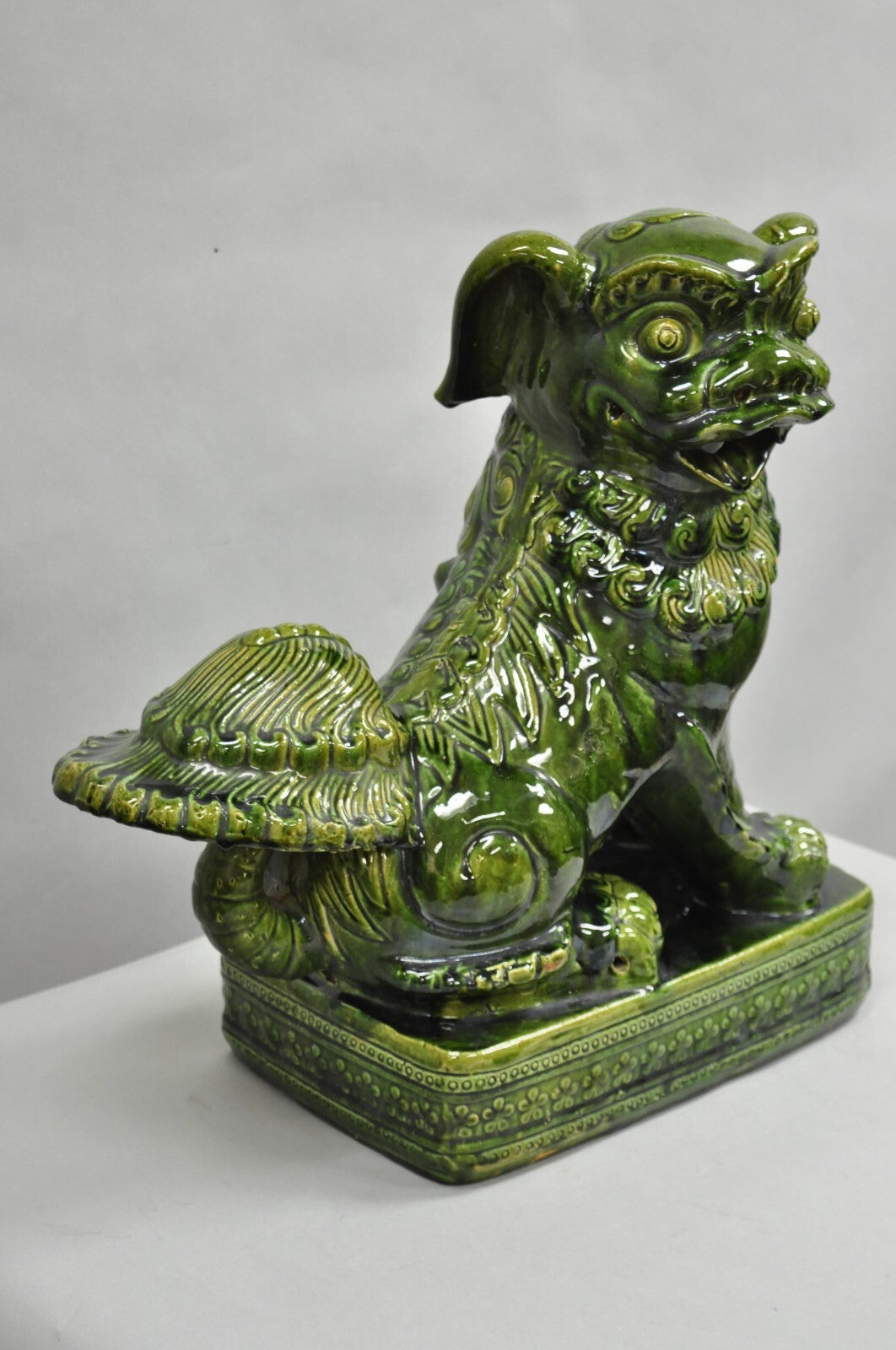 Vintage Chinoiserie Green Majolica Glazed Ceramic 22" Chinese Foo Dog Statue